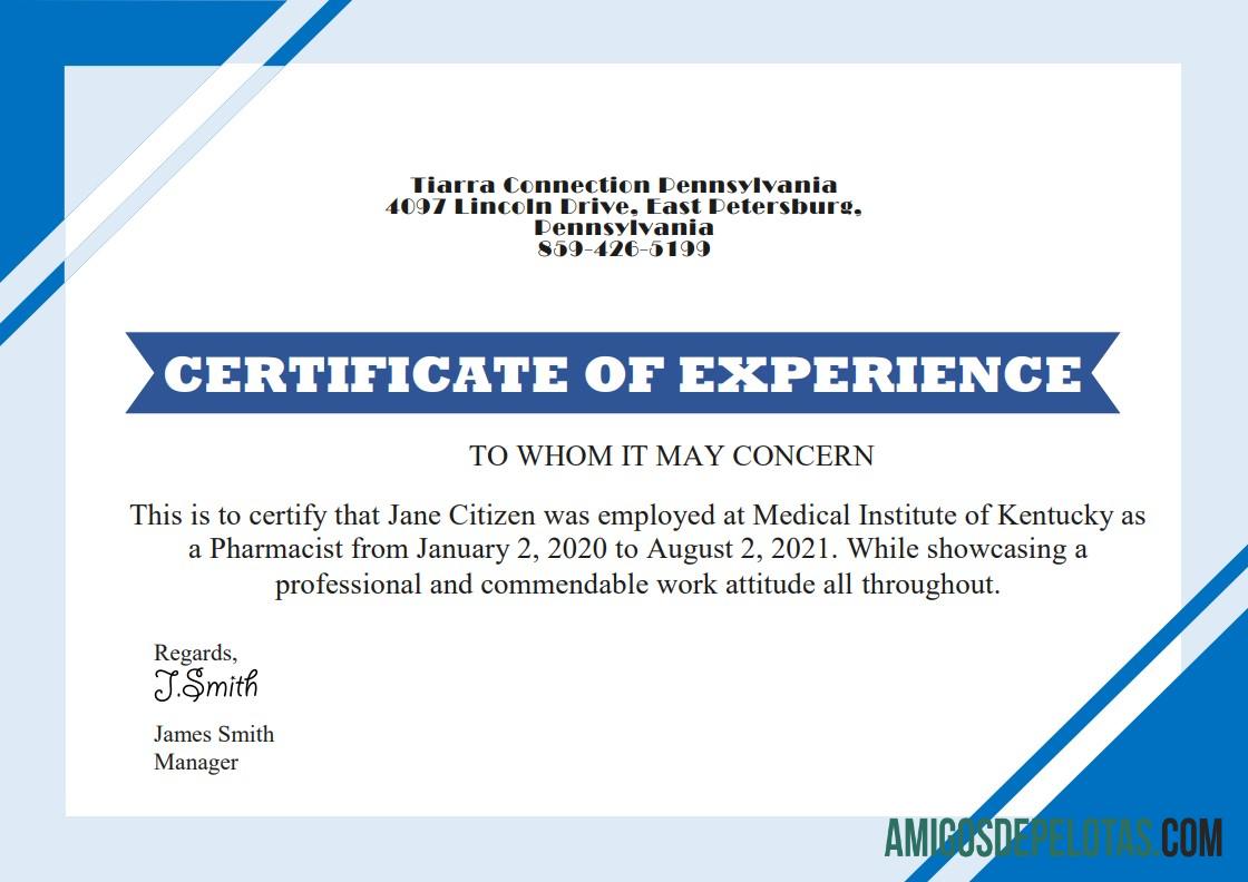 Certificado de experiência profissional nos EUA, versão 2 amostra